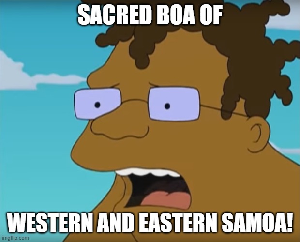 Hermes Futurama | SACRED BOA OF; WESTERN AND EASTERN SAMOA! | image tagged in hermes futurama | made w/ Imgflip meme maker