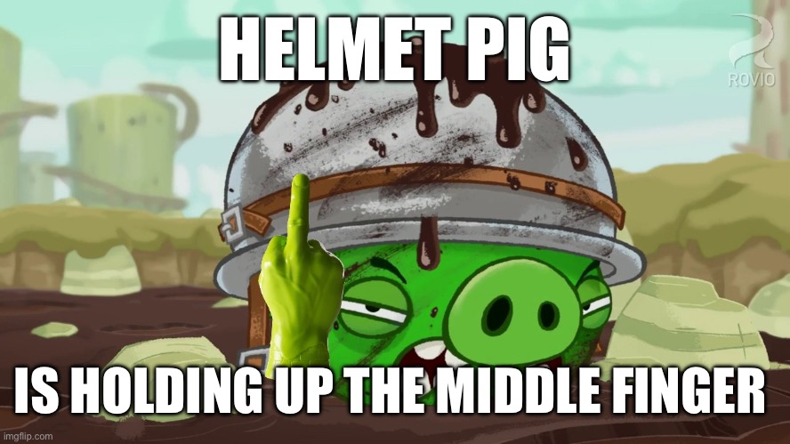 Helmet Pig is holding up the middle finger | HELMET PIG; IS HOLDING UP THE MIDDLE FINGER | image tagged in angry birds | made w/ Imgflip meme maker