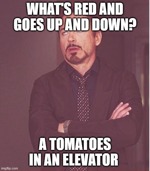 Face You Make Robert Downey Jr | WHAT'S RED AND GOES UP AND DOWN? A TOMATOES IN AN ELEVATOR | image tagged in memes,face you make robert downey jr | made w/ Imgflip meme maker