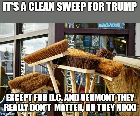 LOL!!! | IT'S A CLEAN SWEEP FOR TRUMP; EXCEPT FOR D.C. AND VERMONT THEY REALLY DON'T  MATTER, DO THEY NIKKI | image tagged in sweep,primary,republican,presidential race | made w/ Imgflip meme maker