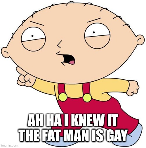 stewie griffin | AH HA I KNEW IT
THE FAT MAN IS GAY | image tagged in stewie griffin | made w/ Imgflip meme maker