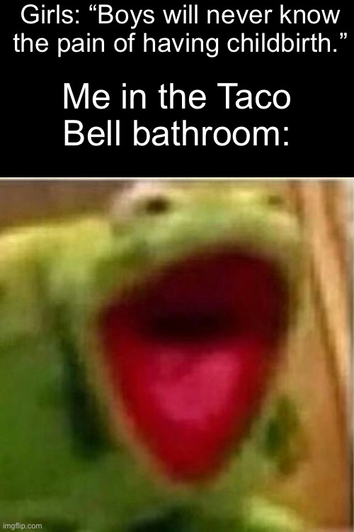 Possibly the worst experience of human lives | Girls: “Boys will never know the pain of having childbirth.”; Me in the Taco Bell bathroom: | image tagged in ahhhhhhhhhhhhh,pain,taco bell | made w/ Imgflip meme maker