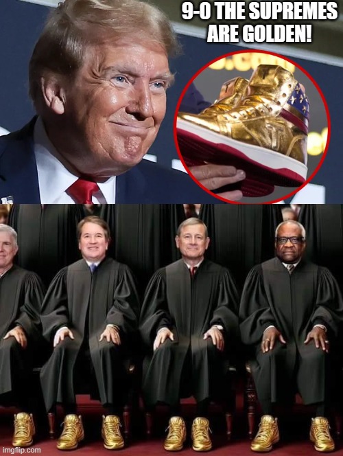 The Supremes are golden! | 9-0 THE SUPREMES ARE GOLDEN! | image tagged in golden,supreme court,trump laughing | made w/ Imgflip meme maker