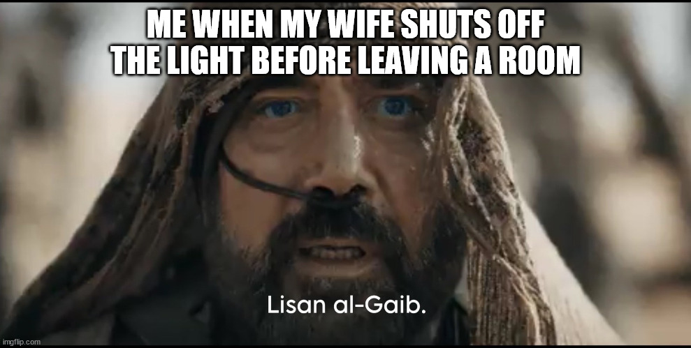 She is the one... | ME WHEN MY WIFE SHUTS OFF THE LIGHT BEFORE LEAVING A ROOM | image tagged in stilgar | made w/ Imgflip meme maker