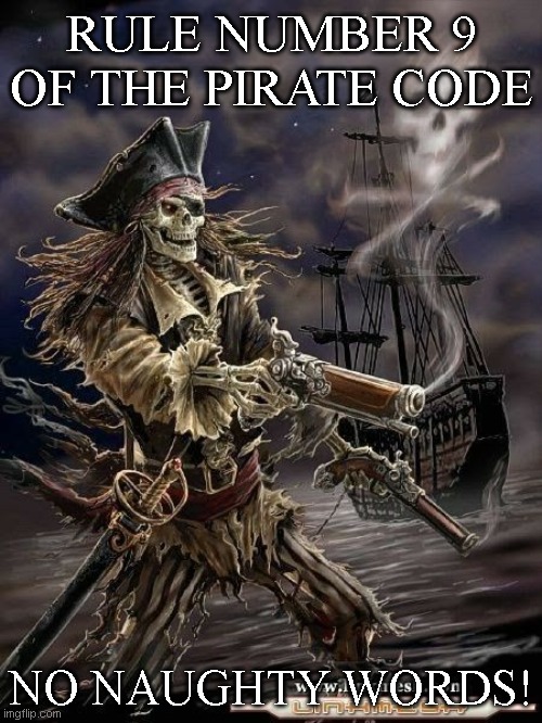 Pirate Skeleton | RULE NUMBER 9 OF THE PIRATE CODE; NO NAUGHTY WORDS! | image tagged in pirate skeleton | made w/ Imgflip meme maker