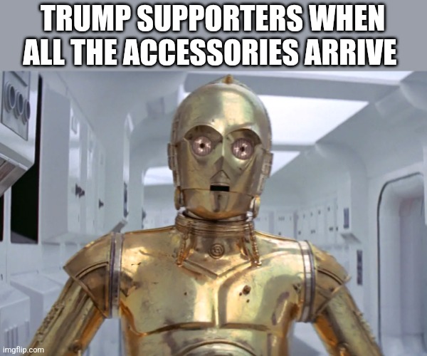 Be great | TRUMP SUPPORTERS WHEN ALL THE ACCESSORIES ARRIVE | image tagged in donald trump,gold,shoes | made w/ Imgflip meme maker