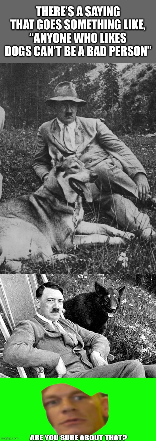 Anyone who likes dogs | THERE’S A SAYING THAT GOES SOMETHING LIKE, “ANYONE WHO LIKES DOGS CAN’T BE A BAD PERSON” | image tagged in hitler and beloved dog blondi,hitler dog,hitler,dark humor,dogs,adolf hitler | made w/ Imgflip meme maker