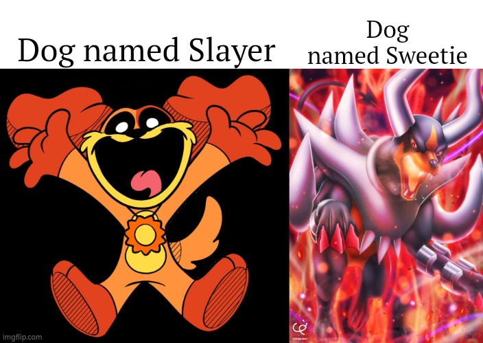 Anyone giving your sweet dog a crazy name, while your aggressive dog a sweet name? | Dog named Slayer; Dog named Sweetie | image tagged in funny,dogs,name | made w/ Imgflip meme maker