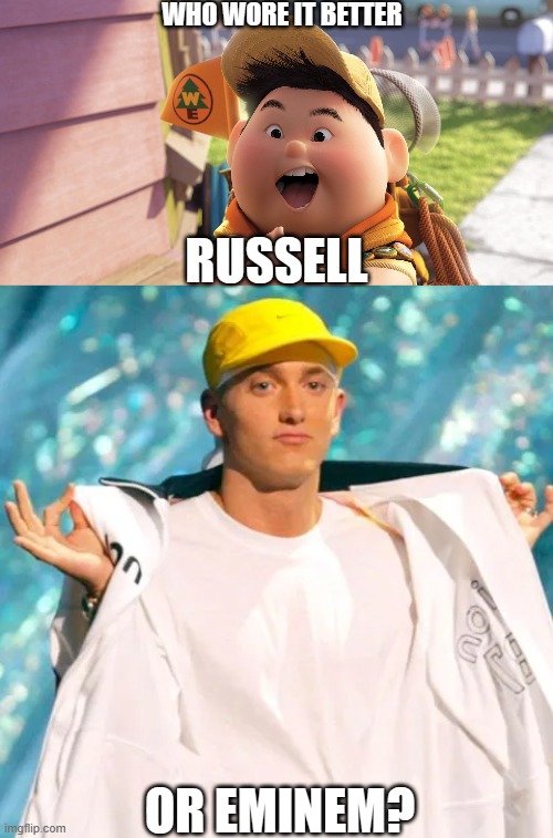 Who Wore It Better Wednesday #200 - Yellow caps | WHO WORE IT BETTER; RUSSELL; OR EMINEM? | image tagged in memes,who wore it better,up,eminem,pixar,rappers | made w/ Imgflip meme maker