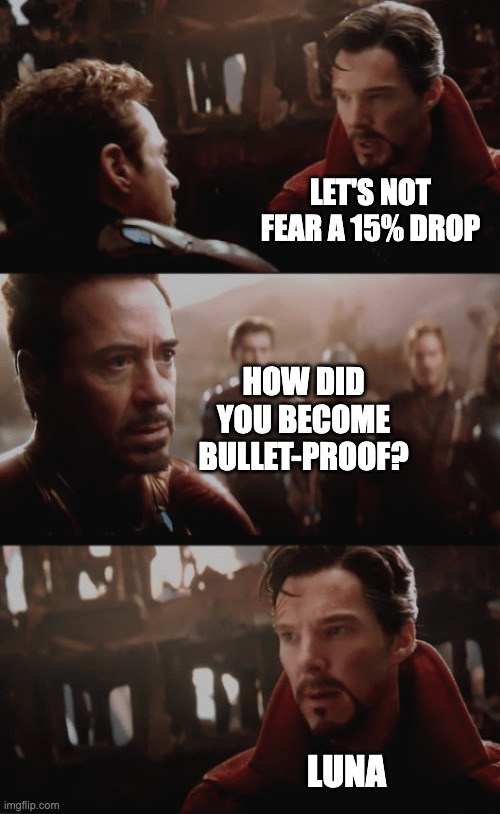 Dr Strange ain't afraid of 15% drop BTC Bitcoin | LET'S NOT FEAR A 15% DROP; HOW DID YOU BECOME BULLET-PROOF? LUNA | image tagged in i saw 14 000 605 futures,cryptocurrency,bitcoin | made w/ Imgflip meme maker