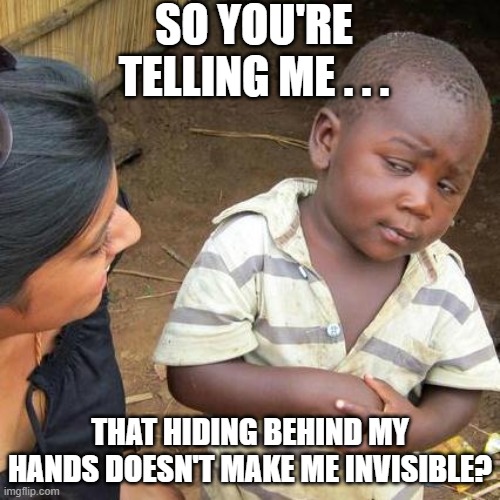 Third World Skeptical Kid | SO YOU'RE TELLING ME . . . THAT HIDING BEHIND MY HANDS DOESN'T MAKE ME INVISIBLE? | image tagged in memes,third world skeptical kid | made w/ Imgflip meme maker