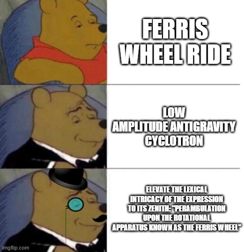 Tuxedo Winnie the Pooh (3 panel) | FERRIS WHEEL RIDE LOW AMPLITUDE ANTIGRAVITY CYCLOTRON ELEVATE THE LEXICAL INTRICACY OF THE EXPRESSION TO ITS ZENITH: "PERAMBULATION UPON THE | image tagged in tuxedo winnie the pooh 3 panel | made w/ Imgflip meme maker