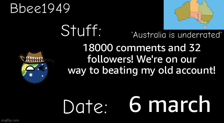 Thanks guys! | 18000 comments and 32 followers! We're on our way to beating my old account! 6 march | image tagged in bbee1949 temp | made w/ Imgflip meme maker