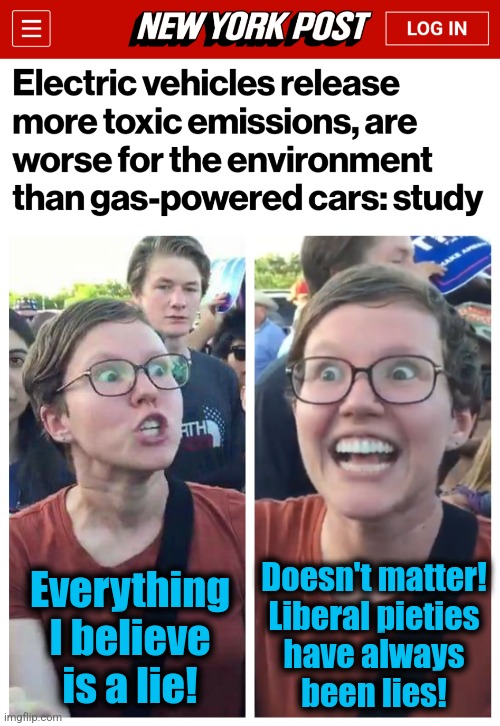 Doesn't matter!
Liberal pieties
have always
been lies! Everything I believe is a lie! | image tagged in social justice warrior hypocrisy,memes,electric vehicles,democrats,lies,emissions | made w/ Imgflip meme maker