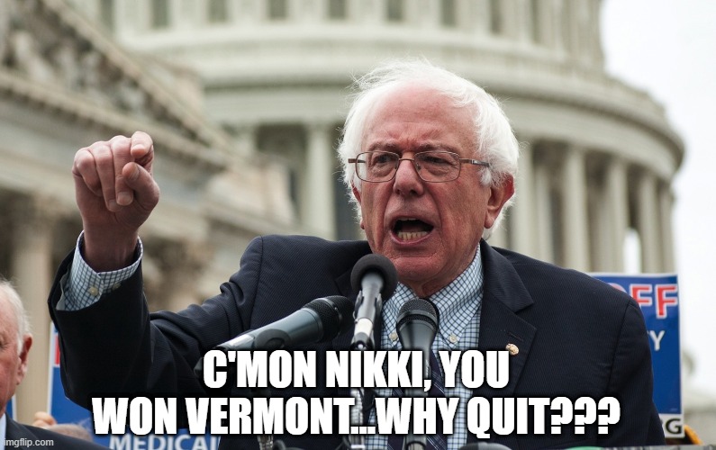 Nikki Quits | C'MON NIKKI, YOU WON VERMONT...WHY QUIT??? | image tagged in bernie sanders | made w/ Imgflip meme maker