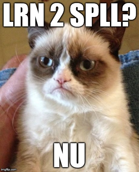 Grumpy Cat Meme | LRN 2 SPLL? NU | image tagged in memes,grumpy cat | made w/ Imgflip meme maker