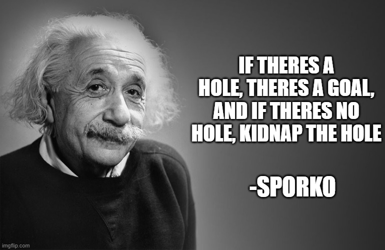 albert einstein quotes | IF THERES A HOLE, THERES A GOAL, AND IF THERES NO HOLE, KIDNAP THE HOLE -SPORKO | image tagged in albert einstein quotes | made w/ Imgflip meme maker