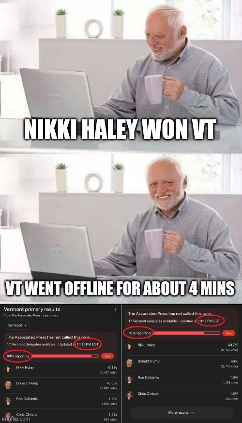 NIKKI HALEY WON VT; VT WENT OFFLINE FOR ABOUT 4 MINS | image tagged in memes,hide the pain harold | made w/ Imgflip meme maker