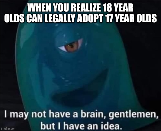 u an orphan? | WHEN YOU REALIZE 18 YEAR OLDS CAN LEGALLY ADOPT 17 YEAR OLDS | image tagged in i may not have a brain | made w/ Imgflip meme maker