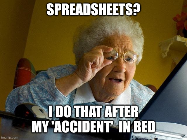 Grandma Finds The Internet Meme | SPREADSHEETS? I DO THAT AFTER MY 'ACCIDENT'  IN BED | image tagged in memes,grandma finds the internet | made w/ Imgflip meme maker