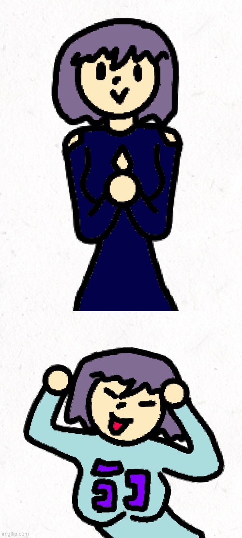 Two drawings of her, top is her dressed for work, and bottom is silly | made w/ Imgflip meme maker