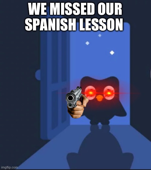 Duolingo Spanish lesson missed | WE MISSED OUR SPANISH LESSON | image tagged in duolingo bird,noooooooooooo | made w/ Imgflip meme maker