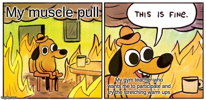 WHY?! | My muscle pull; My gym teacher who wants me to participate and try the stretching warm ups | image tagged in memes,this is fine | made w/ Imgflip meme maker