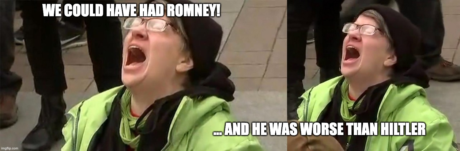 Regret | WE COULD HAVE HAD ROMNEY! ... AND HE WAS WORSE THAN HILTLER | image tagged in crying liberal | made w/ Imgflip meme maker