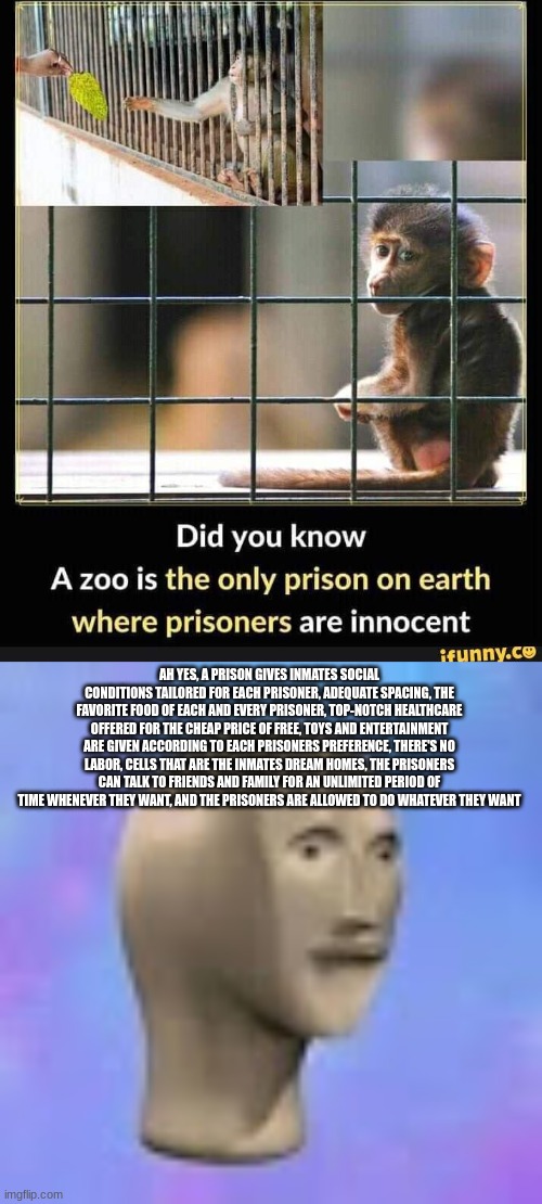 Of course, that's only for the better facilities. Roadside zoos can go f**k themselves.. | AH YES, A PRISON GIVES INMATES SOCIAL CONDITIONS TAILORED FOR EACH PRISONER, ADEQUATE SPACING, THE FAVORITE FOOD OF EACH AND EVERY PRISONER, TOP-NOTCH HEALTHCARE OFFERED FOR THE CHEAP PRICE OF FREE, TOYS AND ENTERTAINMENT ARE GIVEN ACCORDING TO EACH PRISONERS PREFERENCE, THERE'S NO LABOR, CELLS THAT ARE THE INMATES DREAM HOMES, THE PRISONERS CAN TALK TO FRIENDS AND FAMILY FOR AN UNLIMITED PERIOD OF TIME WHENEVER THEY WANT, AND THE PRISONERS ARE ALLOWED TO DO WHATEVER THEY WANT | image tagged in ah yes face | made w/ Imgflip meme maker