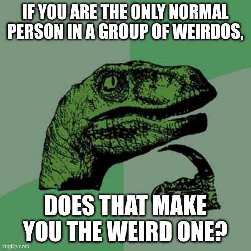 Philosoraptor Meme | IF YOU ARE THE ONLY NORMAL PERSON IN A GROUP OF WEIRDOS, DOES THAT MAKE YOU THE WEIRD ONE? | image tagged in memes,philosoraptor | made w/ Imgflip meme maker