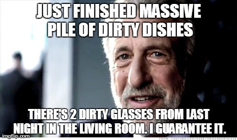 I Guarantee It | JUST FINISHED MASSIVE PILE OF DIRTY DISHES THERE'S 2 DIRTY GLASSES FROM LAST NIGHT IN THE LIVING ROOM. I GUARANTEE IT. | image tagged in memes,i guarantee it,AdviceAnimals | made w/ Imgflip meme maker