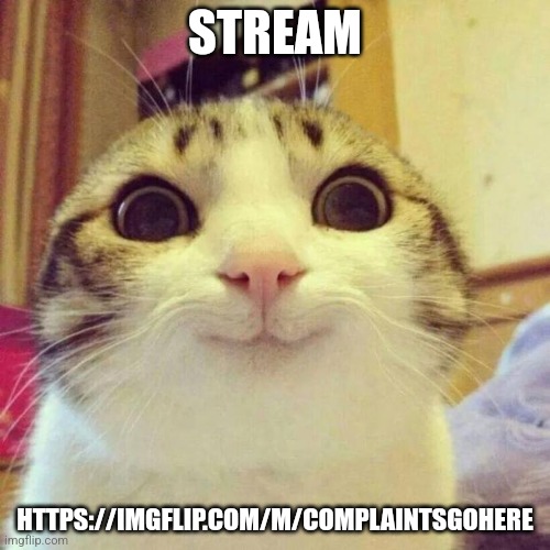 Smiling Cat | STREAM; HTTPS://IMGFLIP.COM/M/COMPLAINTSGOHERE | image tagged in memes,smiling cat | made w/ Imgflip meme maker