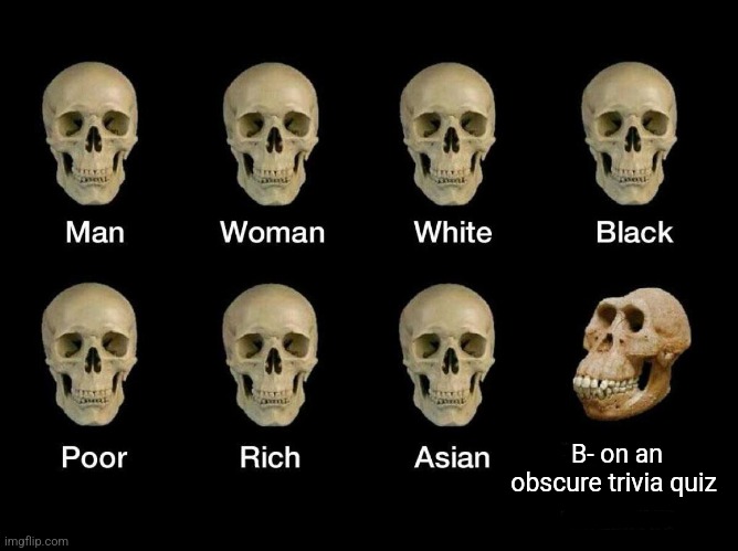 It was an obscure trivia quiz | B- on an obscure trivia quiz | image tagged in skull idiot,jpfan102504 | made w/ Imgflip meme maker