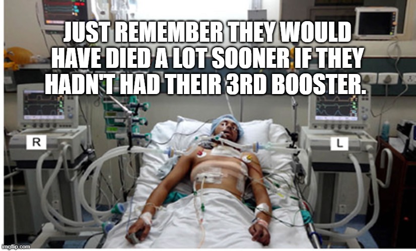 COVID pandemic hospital patient | JUST REMEMBER THEY WOULD HAVE DIED A LOT SOONER IF THEY HADN'T HAD THEIR 3RD BOOSTER. | image tagged in covid pandemic hospital patient | made w/ Imgflip meme maker