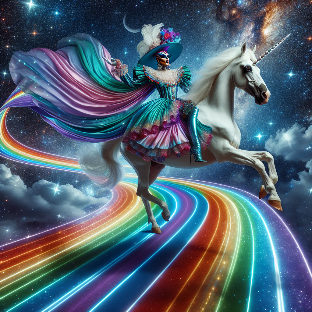 High Quality Drag queen riding on white unicorn on a rainbow road through spa Blank Meme Template
