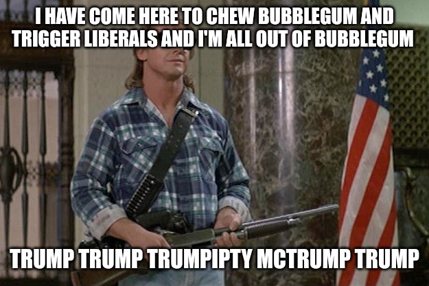 They Live | I HAVE COME HERE TO CHEW BUBBLEGUM AND TRIGGER LIBERALS AND I'M ALL OUT OF BUBBLEGUM; TRUMP TRUMP TRUMPIPTY MCTRUMP TRUMP | image tagged in they live | made w/ Imgflip meme maker