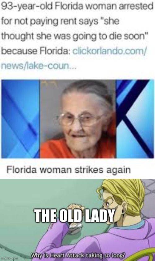 THE OLD LADY | image tagged in why is heart attack taking so long,florida | made w/ Imgflip meme maker