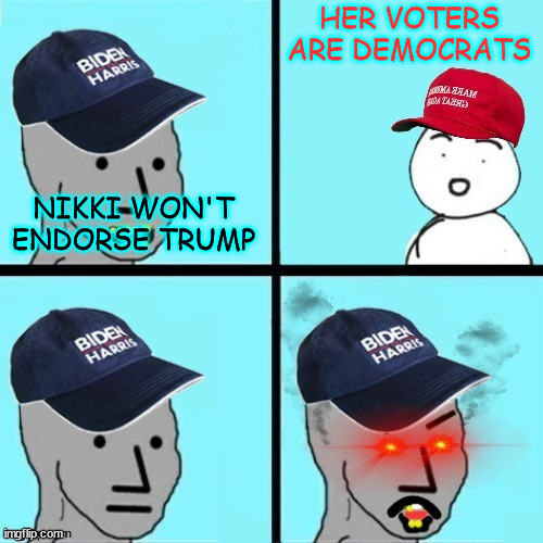 The truth triggers... | HER VOTERS ARE DEMOCRATS; NIKKI WON'T ENDORSE TRUMP | image tagged in commie npc a sydneyb template | made w/ Imgflip meme maker