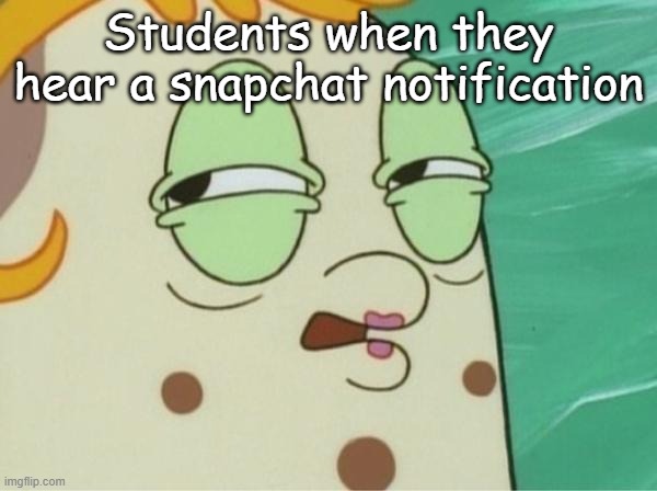 Mrs puff.  | Students when they hear a snapchat notification | image tagged in mrs puff | made w/ Imgflip meme maker