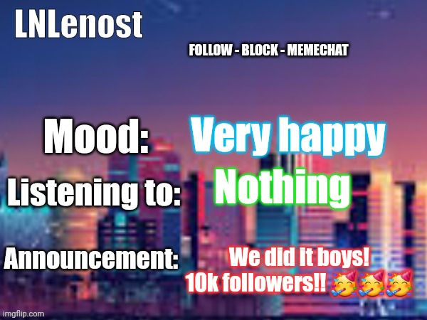 LETS GOOOO | Very happy; Nothing; We did it boys! 10k followers!! 🥳🥳🥳 | image tagged in lnlenost's announcement template,followers,msmg,10k | made w/ Imgflip meme maker