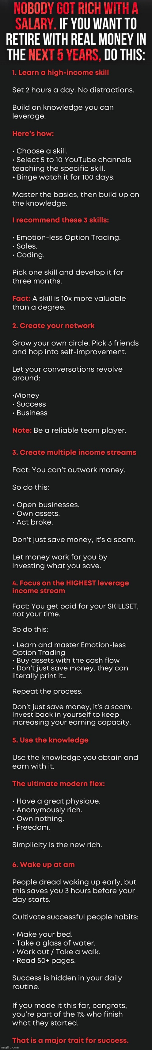 How To Become Rich And Retire Within 5 Years :> | image tagged in simothefinlandized,making money,success,infographics,tutorial | made w/ Imgflip meme maker