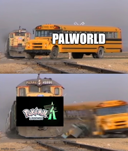 RIP Palworld | PALWORLD | image tagged in a train hitting a school bus,pokemon memes,pokemon,nintendo,nintendo switch | made w/ Imgflip meme maker