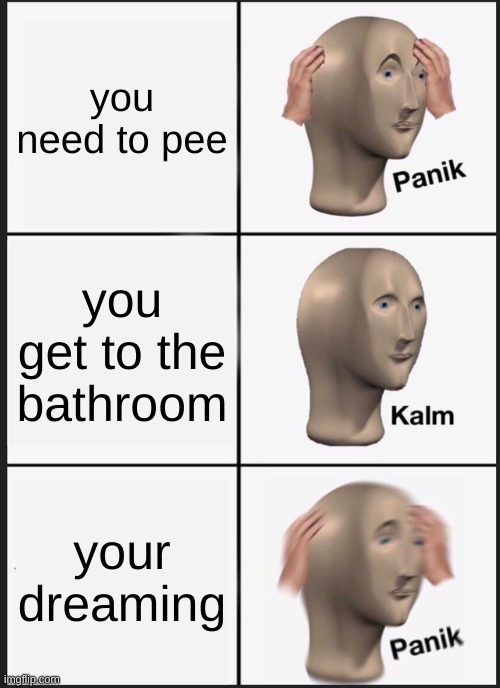 Panik Kalm Panik Meme | you need to pee; you get to the bathroom; your dreaming | image tagged in memes,panik kalm panik | made w/ Imgflip meme maker