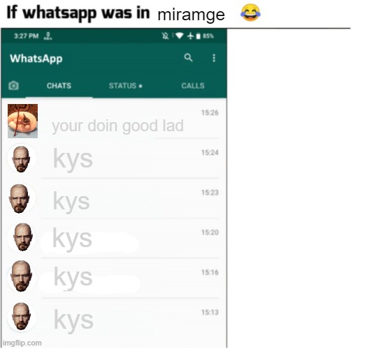 . | miramge; your doin good lad; actually might NOT cuz i wanna live; kys; kys; kys; kys; kys | image tagged in if whatsapp was in x but freedom | made w/ Imgflip meme maker