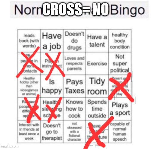 Normal human bingo | CROSS= NO | image tagged in normal human bingo | made w/ Imgflip meme maker