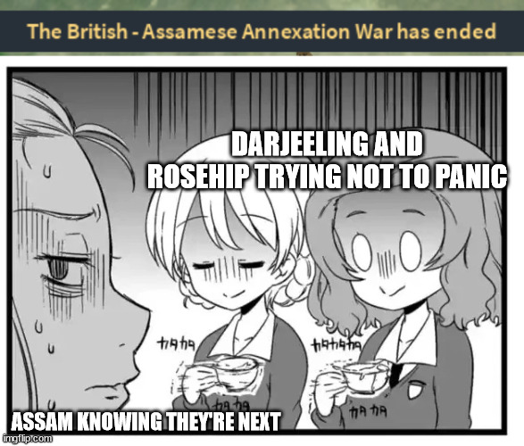 British Colonization: Anime Edition | DARJEELING AND ROSEHIP TRYING NOT TO PANIC; ASSAM KNOWING THEY'RE NEXT | image tagged in memes,girls und panzer | made w/ Imgflip meme maker
