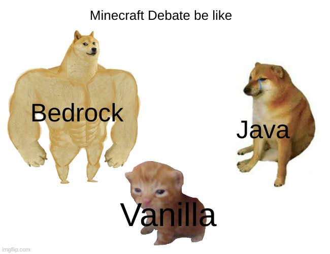 Buff Doge vs. Cheems | Minecraft Debate be like; Bedrock; Java; Vanilla | image tagged in memes,buff doge vs cheems | made w/ Imgflip meme maker