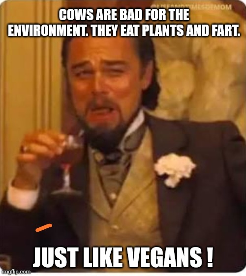 Decaprio | COWS ARE BAD FOR THE ENVIRONMENT. THEY EAT PLANTS AND FART. JUST LIKE VEGANS ! | image tagged in decaprio | made w/ Imgflip meme maker