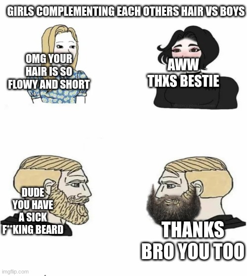 Boys vs Girls | GIRLS COMPLEMENTING EACH OTHERS HAIR VS BOYS; AWW THXS BESTIE; OMG YOUR HAIR IS SO FLOWY AND SHORT; DUDE YOU HAVE A SICK F**KING BEARD; THANKS BRO YOU TOO | image tagged in boys vs girls | made w/ Imgflip meme maker