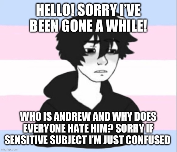I am confused | HELLO! SORRY I’VE BEEN GONE A WHILE! WHO IS ANDREW AND WHY DOES EVERYONE HATE HIM? SORRY IF SENSITIVE SUBJECT I’M JUST CONFUSED | image tagged in transgender | made w/ Imgflip meme maker
